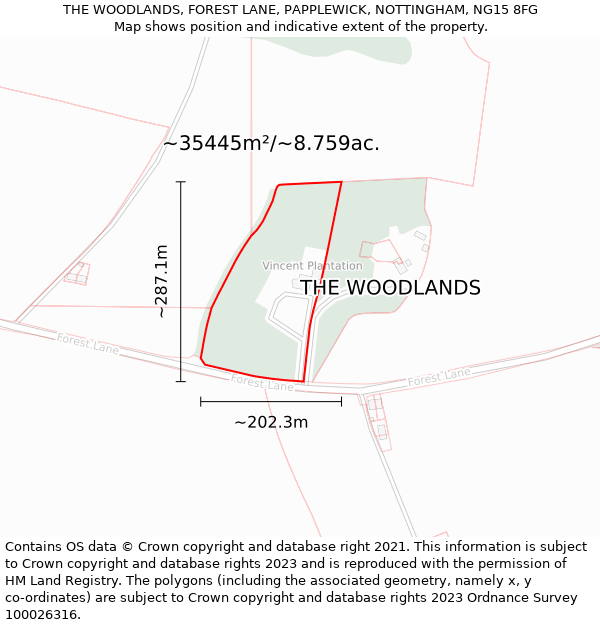 THE WOODLANDS, FOREST LANE, PAPPLEWICK, NOTTINGHAM, NG15 8FG: Plot and title map