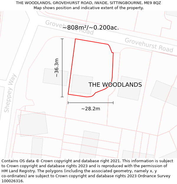 THE WOODLANDS, GROVEHURST ROAD, IWADE, SITTINGBOURNE, ME9 8QZ: Plot and title map