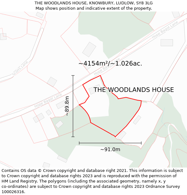 THE WOODLANDS HOUSE, KNOWBURY, LUDLOW, SY8 3LG: Plot and title map