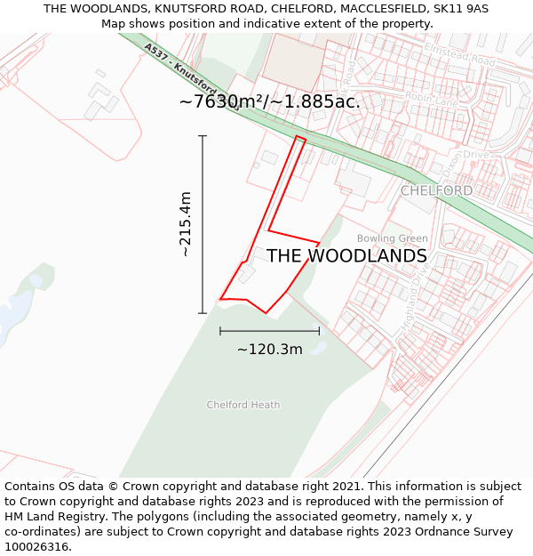 THE WOODLANDS, KNUTSFORD ROAD, CHELFORD, MACCLESFIELD, SK11 9AS: Plot and title map