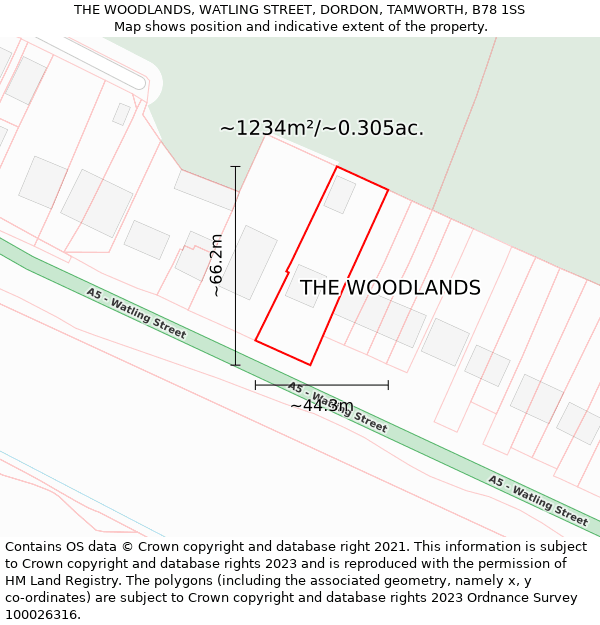 THE WOODLANDS, WATLING STREET, DORDON, TAMWORTH, B78 1SS: Plot and title map