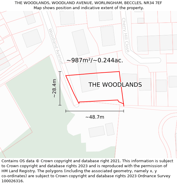 THE WOODLANDS, WOODLAND AVENUE, WORLINGHAM, BECCLES, NR34 7EF: Plot and title map