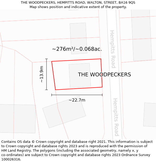 THE WOODPECKERS, HEMPITTS ROAD, WALTON, STREET, BA16 9QS: Plot and title map