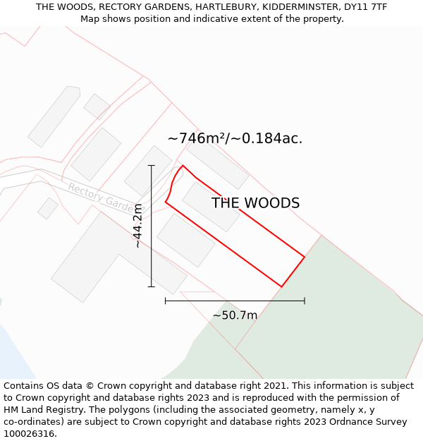 THE WOODS, RECTORY GARDENS, HARTLEBURY, KIDDERMINSTER, DY11 7TF: Plot and title map