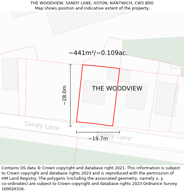 THE WOODVIEW, SANDY LANE, ASTON, NANTWICH, CW5 8DG: Plot and title map