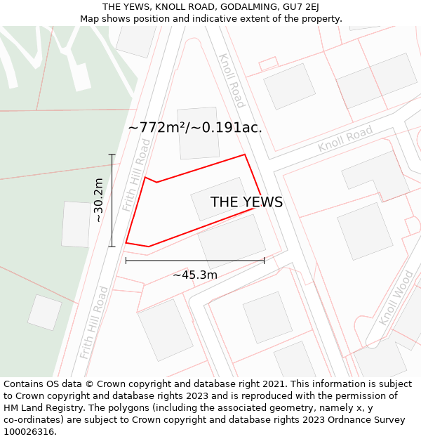 THE YEWS, KNOLL ROAD, GODALMING, GU7 2EJ: Plot and title map