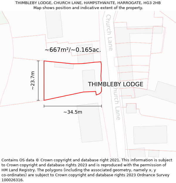 THIMBLEBY LODGE, CHURCH LANE, HAMPSTHWAITE, HARROGATE, HG3 2HB: Plot and title map