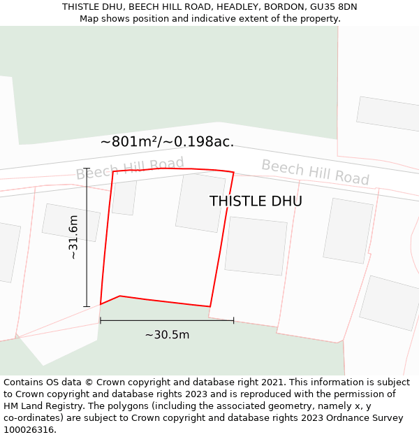 THISTLE DHU, BEECH HILL ROAD, HEADLEY, BORDON, GU35 8DN: Plot and title map