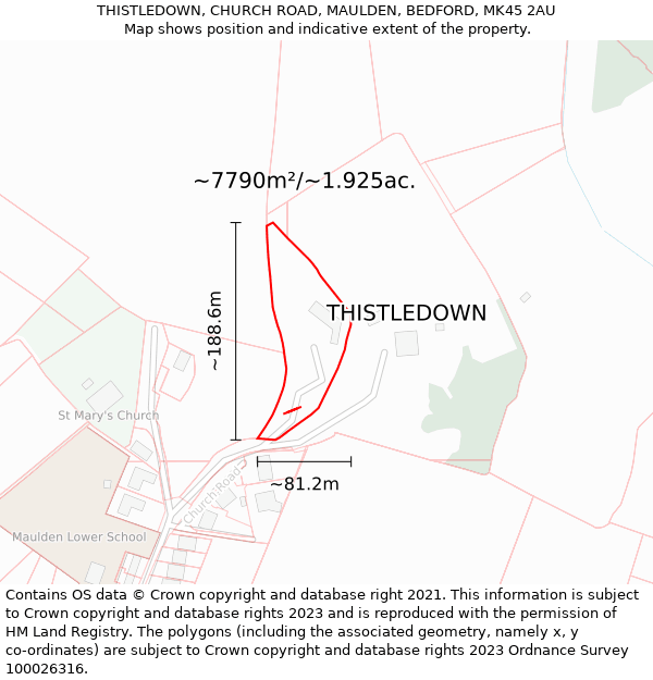 THISTLEDOWN, CHURCH ROAD, MAULDEN, BEDFORD, MK45 2AU: Plot and title map