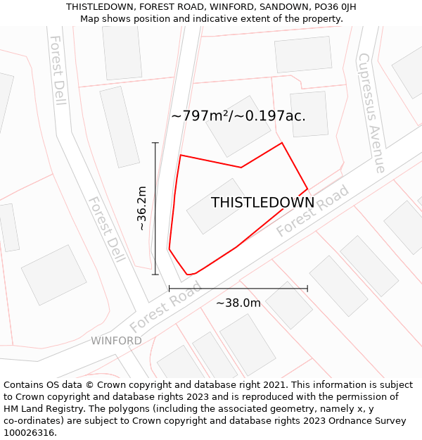 THISTLEDOWN, FOREST ROAD, WINFORD, SANDOWN, PO36 0JH: Plot and title map