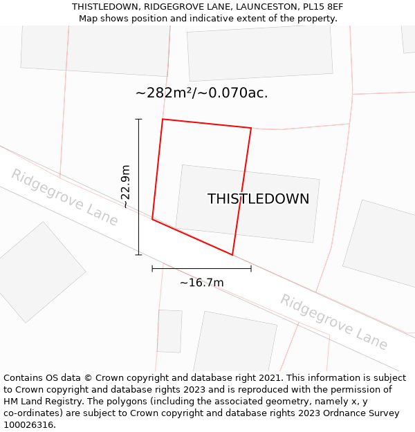 THISTLEDOWN, RIDGEGROVE LANE, LAUNCESTON, PL15 8EF: Plot and title map