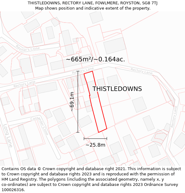 THISTLEDOWNS, RECTORY LANE, FOWLMERE, ROYSTON, SG8 7TJ: Plot and title map