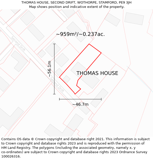 THOMAS HOUSE, SECOND DRIFT, WOTHORPE, STAMFORD, PE9 3JH: Plot and title map