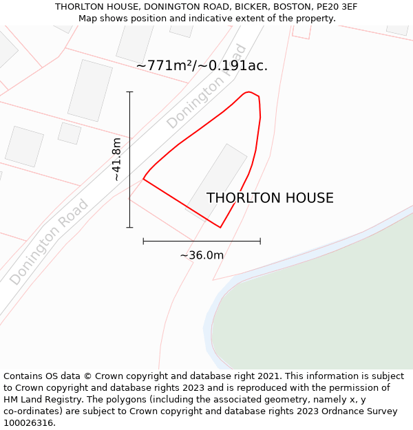 THORLTON HOUSE, DONINGTON ROAD, BICKER, BOSTON, PE20 3EF: Plot and title map