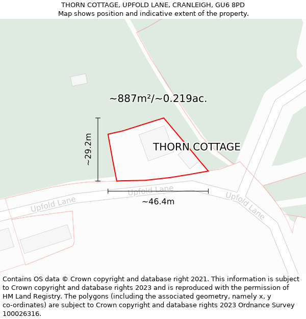 THORN COTTAGE, UPFOLD LANE, CRANLEIGH, GU6 8PD: Plot and title map