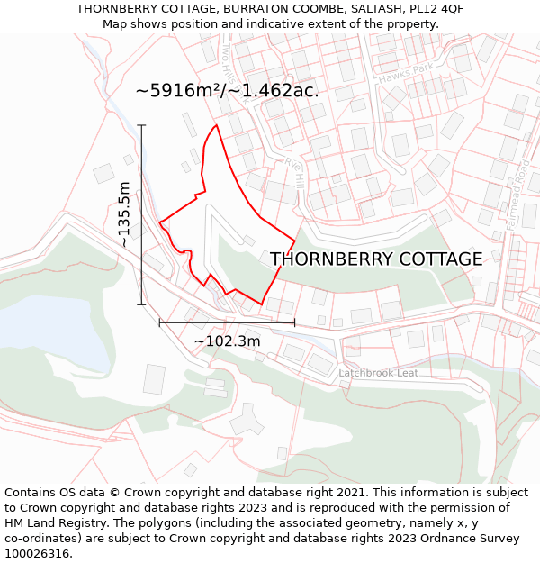 THORNBERRY COTTAGE, BURRATON COOMBE, SALTASH, PL12 4QF: Plot and title map