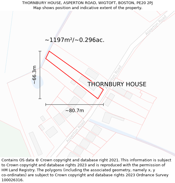 THORNBURY HOUSE, ASPERTON ROAD, WIGTOFT, BOSTON, PE20 2PJ: Plot and title map