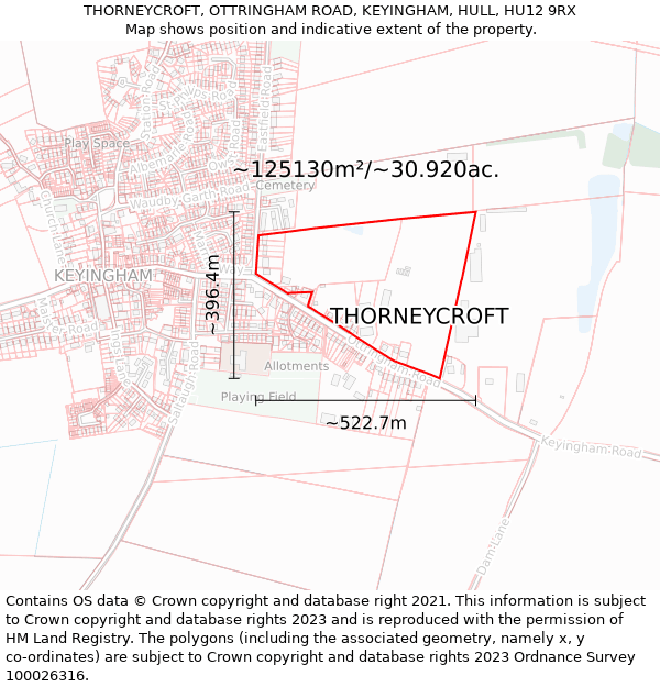 THORNEYCROFT, OTTRINGHAM ROAD, KEYINGHAM, HULL, HU12 9RX: Plot and title map