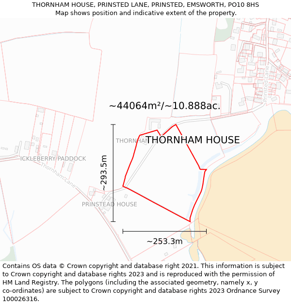 THORNHAM HOUSE, PRINSTED LANE, PRINSTED, EMSWORTH, PO10 8HS: Plot and title map