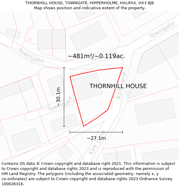 THORNHILL HOUSE, TOWNGATE, HIPPERHOLME, HALIFAX, HX3 8JB: Plot and title map