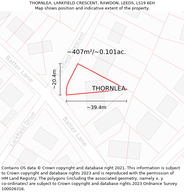 THORNLEA, LARKFIELD CRESCENT, RAWDON, LEEDS, LS19 6EH: Plot and title map