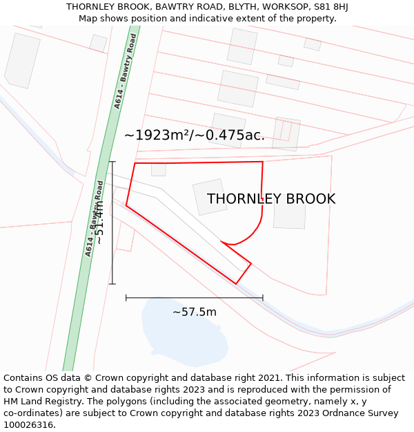 THORNLEY BROOK, BAWTRY ROAD, BLYTH, WORKSOP, S81 8HJ: Plot and title map