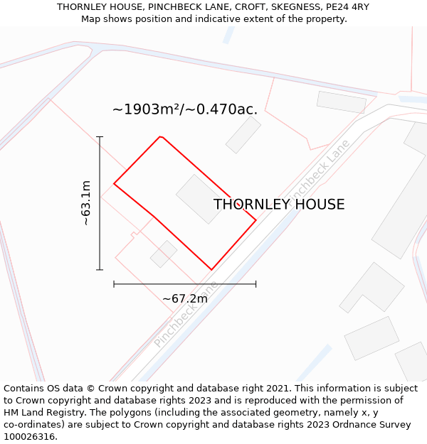 THORNLEY HOUSE, PINCHBECK LANE, CROFT, SKEGNESS, PE24 4RY: Plot and title map