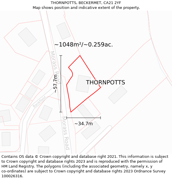 THORNPOTTS, BECKERMET, CA21 2YF: Plot and title map