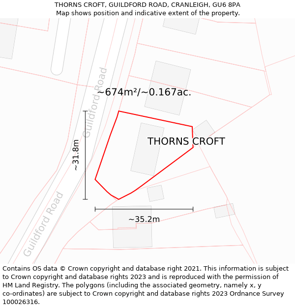 THORNS CROFT, GUILDFORD ROAD, CRANLEIGH, GU6 8PA: Plot and title map