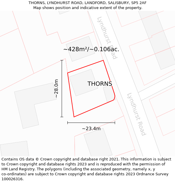 THORNS, LYNDHURST ROAD, LANDFORD, SALISBURY, SP5 2AF: Plot and title map