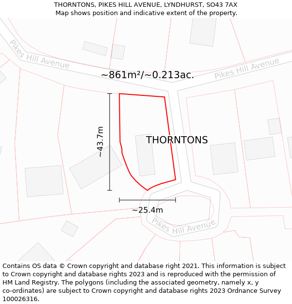 THORNTONS, PIKES HILL AVENUE, LYNDHURST, SO43 7AX: Plot and title map
