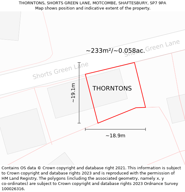 THORNTONS, SHORTS GREEN LANE, MOTCOMBE, SHAFTESBURY, SP7 9PA: Plot and title map