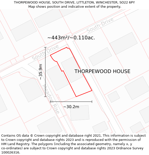 THORPEWOOD HOUSE, SOUTH DRIVE, LITTLETON, WINCHESTER, SO22 6PY: Plot and title map