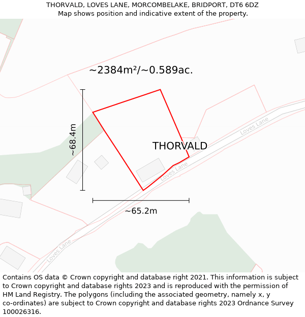 THORVALD, LOVES LANE, MORCOMBELAKE, BRIDPORT, DT6 6DZ: Plot and title map