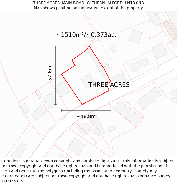 THREE ACRES, MAIN ROAD, WITHERN, ALFORD, LN13 0NB: Plot and title map