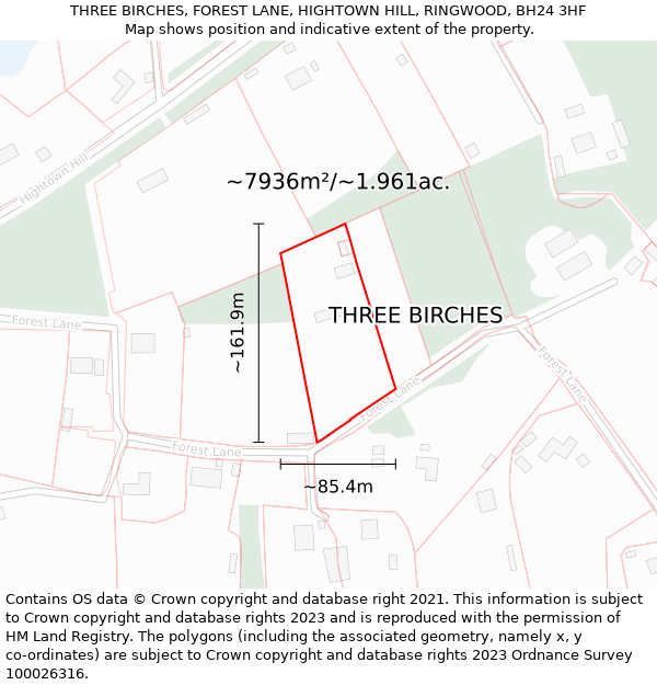 THREE BIRCHES, FOREST LANE, HIGHTOWN HILL, RINGWOOD, BH24 3HF: Plot and title map