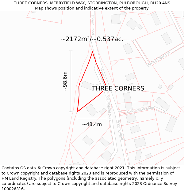 THREE CORNERS, MERRYFIELD WAY, STORRINGTON, PULBOROUGH, RH20 4NS: Plot and title map