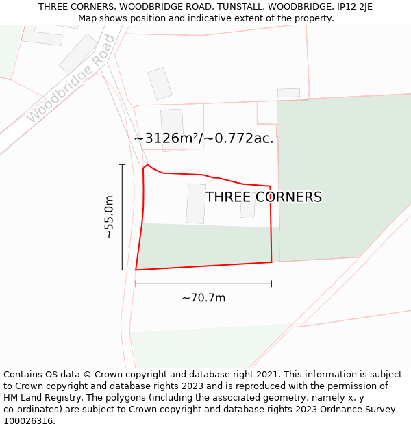 THREE CORNERS, WOODBRIDGE ROAD, TUNSTALL, WOODBRIDGE, IP12 2JE: Plot and title map