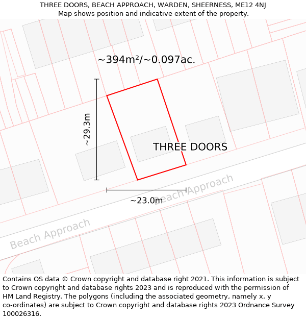 THREE DOORS, BEACH APPROACH, WARDEN, SHEERNESS, ME12 4NJ: Plot and title map