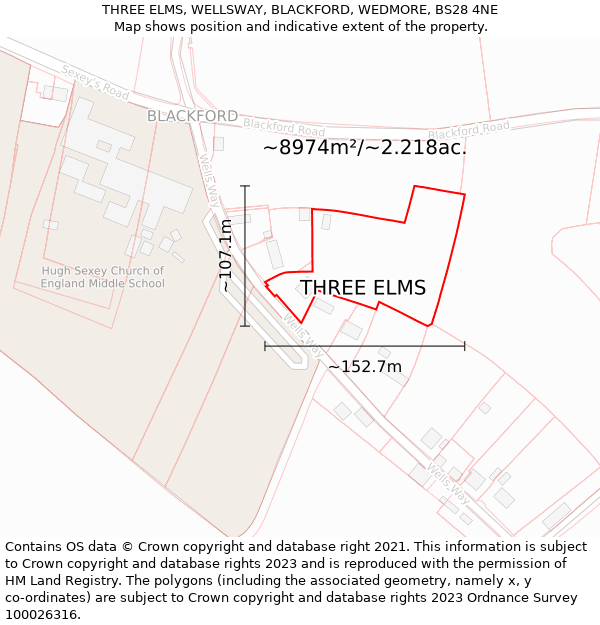 THREE ELMS, WELLSWAY, BLACKFORD, WEDMORE, BS28 4NE: Plot and title map