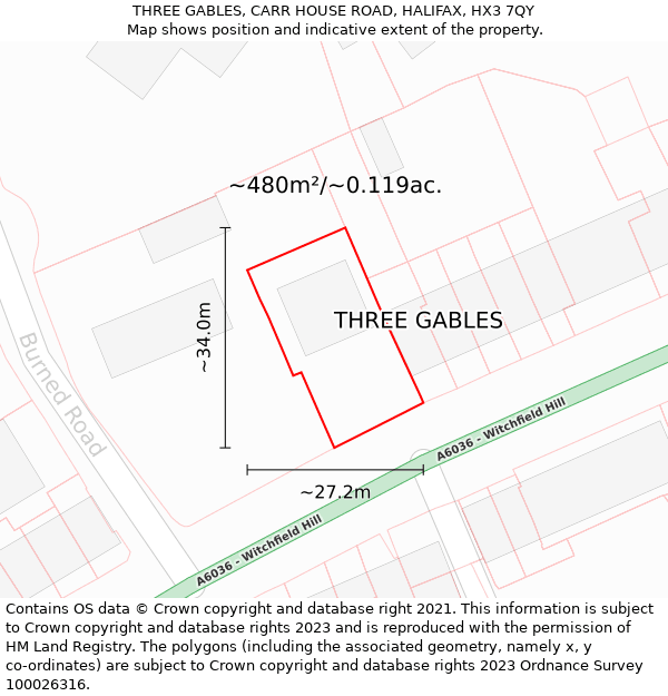 THREE GABLES, CARR HOUSE ROAD, HALIFAX, HX3 7QY: Plot and title map