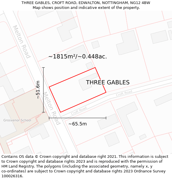 THREE GABLES, CROFT ROAD, EDWALTON, NOTTINGHAM, NG12 4BW: Plot and title map