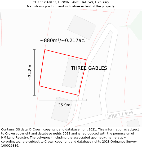 THREE GABLES, HIGGIN LANE, HALIFAX, HX3 9PQ: Plot and title map