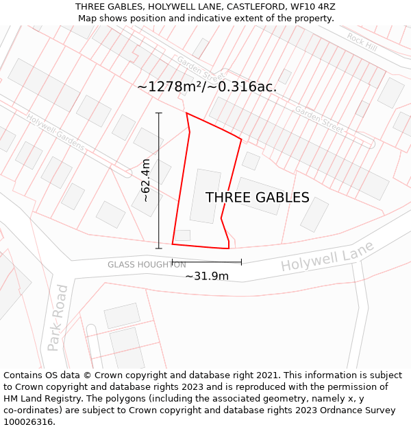 THREE GABLES, HOLYWELL LANE, CASTLEFORD, WF10 4RZ: Plot and title map