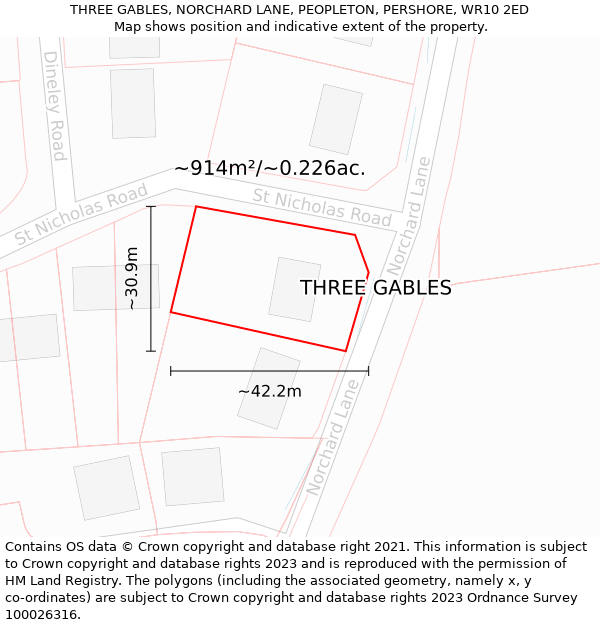 THREE GABLES, NORCHARD LANE, PEOPLETON, PERSHORE, WR10 2ED: Plot and title map