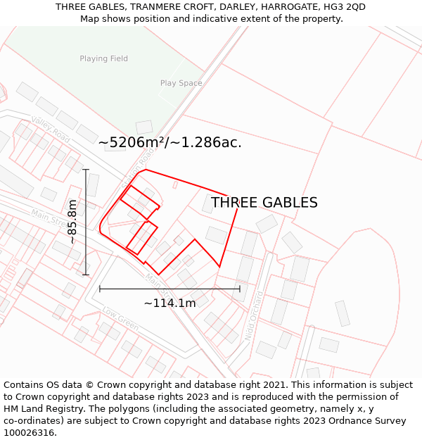 THREE GABLES, TRANMERE CROFT, DARLEY, HARROGATE, HG3 2QD: Plot and title map