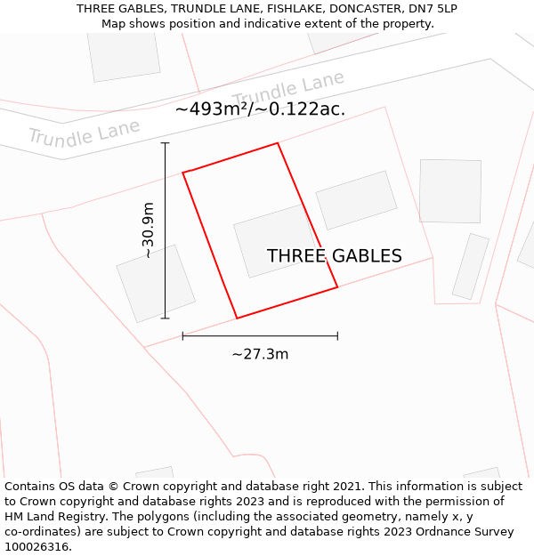 THREE GABLES, TRUNDLE LANE, FISHLAKE, DONCASTER, DN7 5LP: Plot and title map