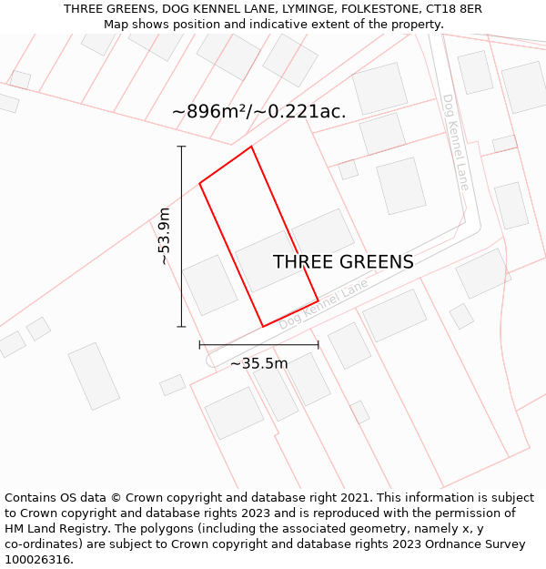 THREE GREENS, DOG KENNEL LANE, LYMINGE, FOLKESTONE, CT18 8ER: Plot and title map