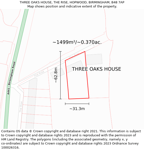 THREE OAKS HOUSE, THE RISE, HOPWOOD, BIRMINGHAM, B48 7AP: Plot and title map