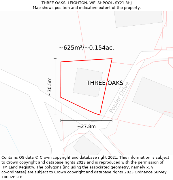 THREE OAKS, LEIGHTON, WELSHPOOL, SY21 8HJ: Plot and title map